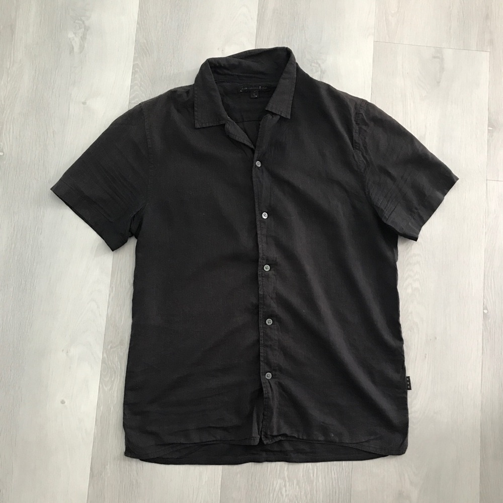 JOHN VARVATOS CAMP SHIRT BLACK SEMI SHEER BUTTON FRONT SHORT SLEEVE MENS MEDIUM